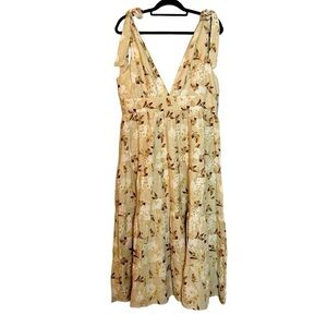 House of Harlow 1960 Cream and Brown Floral & Leaf Tiered Linen Blend Maxi Dress